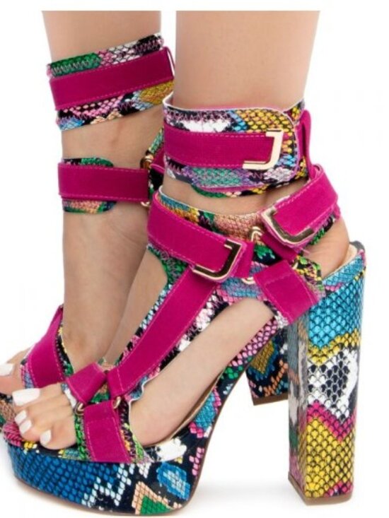 Hot Tomato Shoes - Hot Tomato “Cardee” Multi‑Color Snakeskin Platform Block Heel Sandals – Size 9W